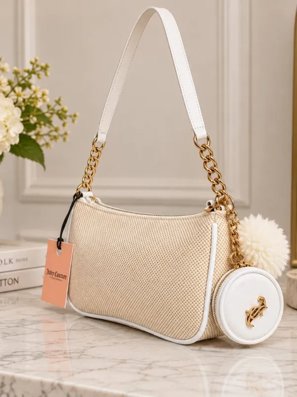 Juicy Couture Beige Chenille Logo Baguette Bag Coin Pouch NWT - Image 6