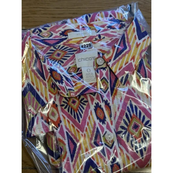 Chicos‎ Womens Size 0 Linen No Iron Button Up Shirt 3/4 Sleeve Aztec Colorful - Image 15