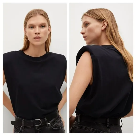 NEW Mango MNG Shoulder Pad T-Shirt Crewneck Cotton in Black Women's XS S - Image 2