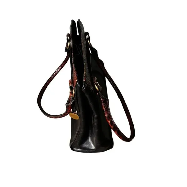 Vintage BRAHMIN Tuscan Black Leather Brown Croc Leather Trims Bucket Bag - Image 5