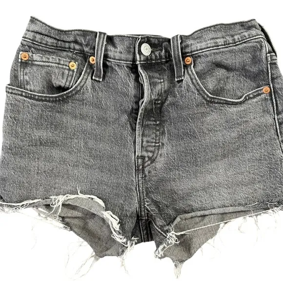 Levis 501 Size 27 Shorts High Rise Button Fly Denim Shorts‎ Washed Black Gray - Image 2