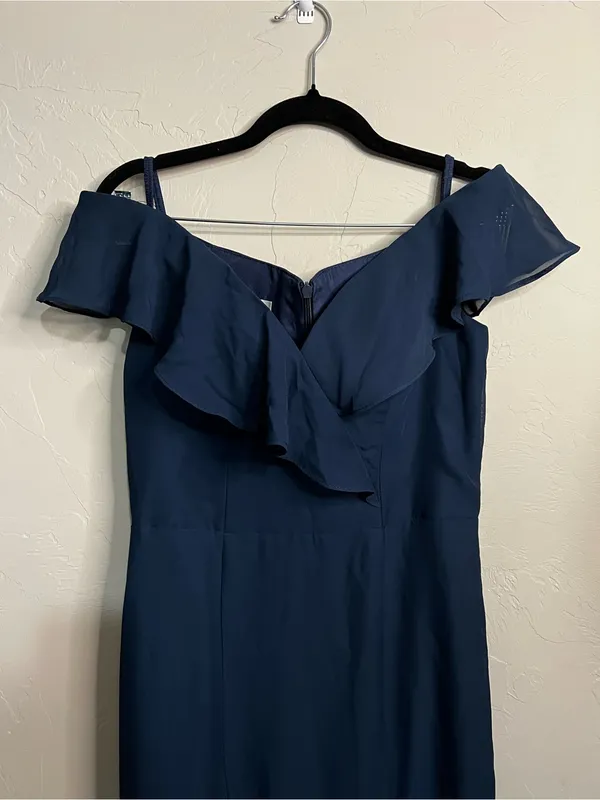 NWT JJs House Navy Blue Chiffon Off Shoulder Ruffle Front Slit Formal Maxi Dress - Image 3