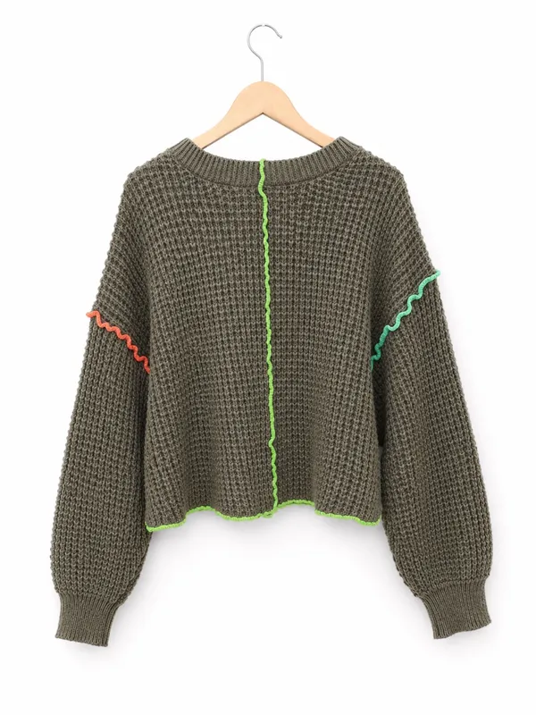 New IN Women’s Waffle Knit Sweater Medium Brown Neon Contrast Stitch - Image 14