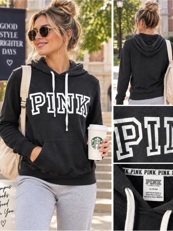 PINK Victoria’s Secret Black Logo Pullover Hoodie Sweatshirt Size Medium - Image 2