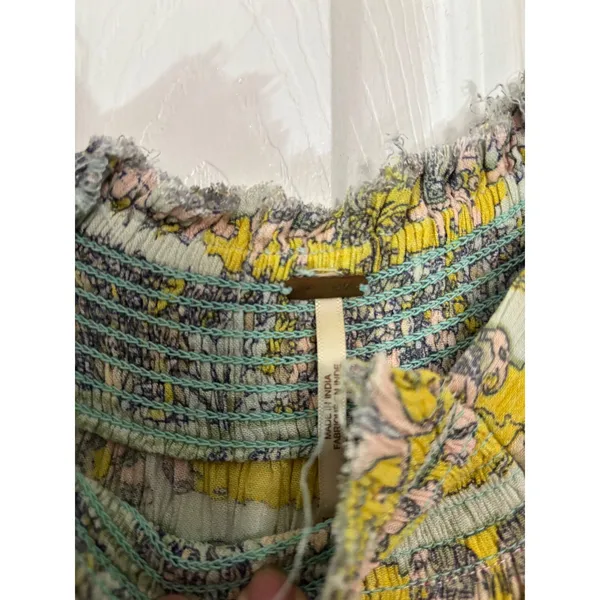Free People Elephant Print Smocked Mini Dress Tunic Yellow Pink XS Boho Chic - Image 4