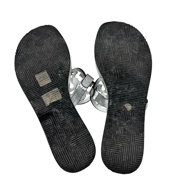 Tory Burch Miller Silver Metallic Leather Platform Wedge Sandals Logo Thong 9 - Image 9