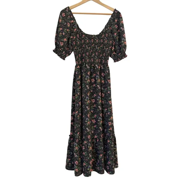 Hill House Home Louisa Nap Dress S Berry Crepe Smocked Floral Midi Tiered Black - Image 2
