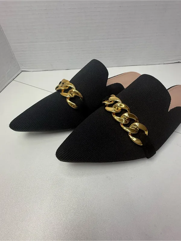 CUCCOO Black Pointed Toe Mule Flats Gold Chain EU 41 US 10-10.5 - Image 9