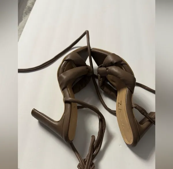 ZAGA Handcrafted Brown Leather Lace-Up Puffy Knot Strappy Heels - Size 38 - Image 7