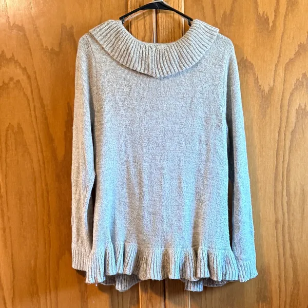 Carolyn Taylor Womens Large Beige Cable Knit Ruffle Shawl Collar Cardigan - Image 4
