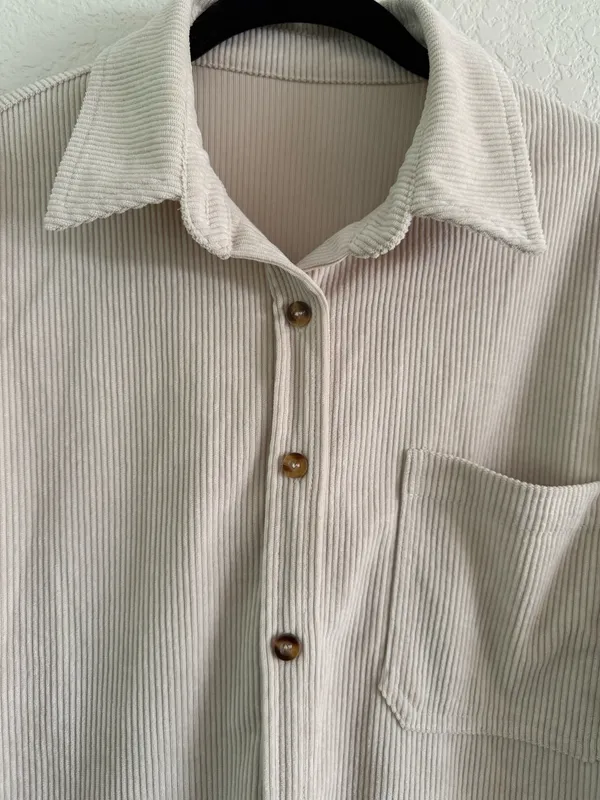 Small Beige Casual Button Down Long Sleeve with Oversized Fit Corduroy Style Tan - Image 3
