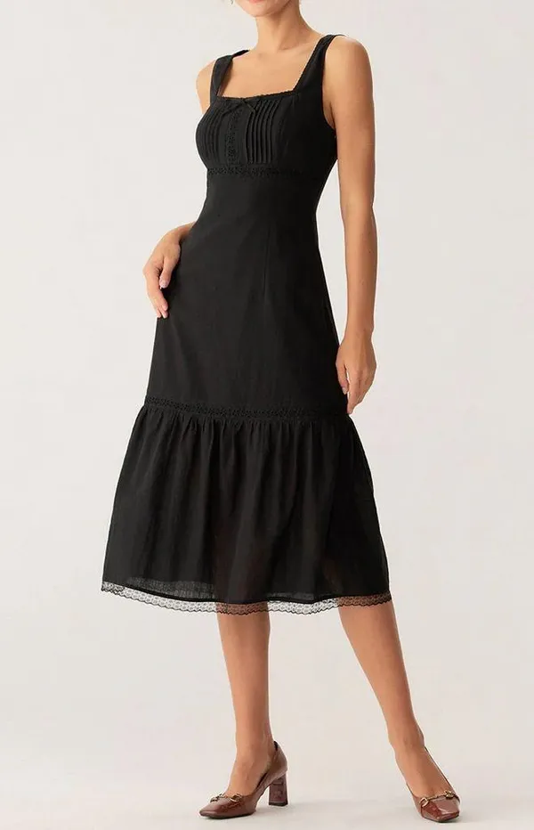 Rihoas Black Square Neck Ruched Slip Midi Dress - Image 4