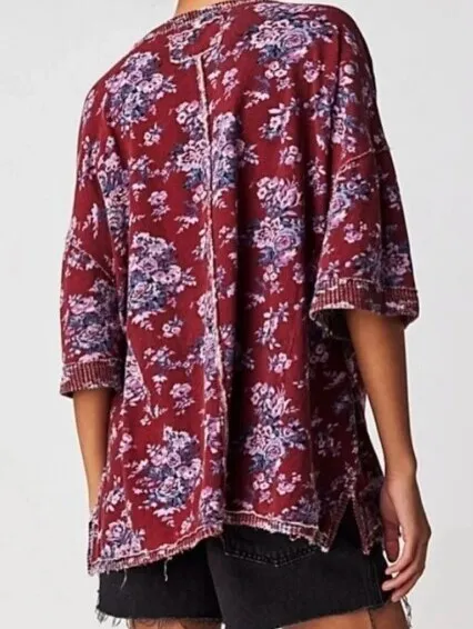 We The Free Red Floral Cotton You & Me Lightweight Sweater Tee - Size - Small - Image 3