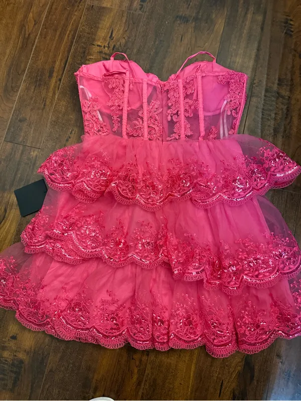 NWT Lulus Exquisite Drama Hot Pink Embroidered Sequin Tiered Mini Dress Size Med - Image 6