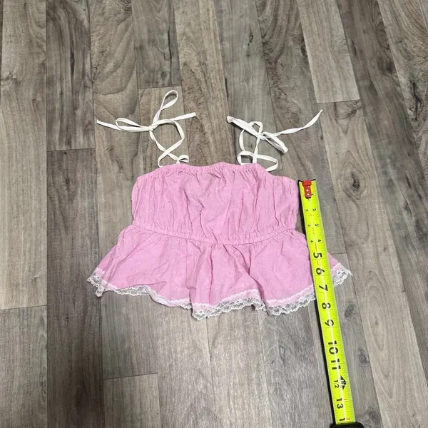 Urban Outfitters Coco Tie Shoulder Peplum Lace Trimmed Top Pink XS - Image 2