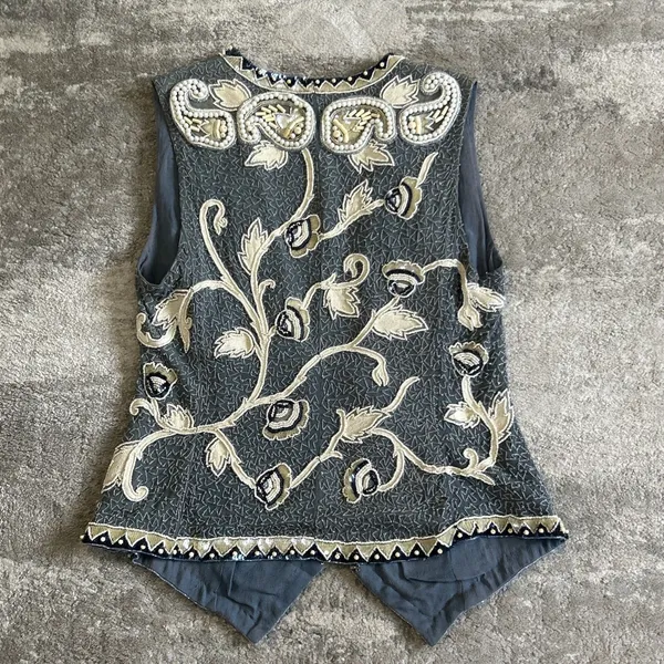 Ella Singh Vest Womens Large Beaded Sequins Silk Festival Boho Blue Cream Heavy - Image 10