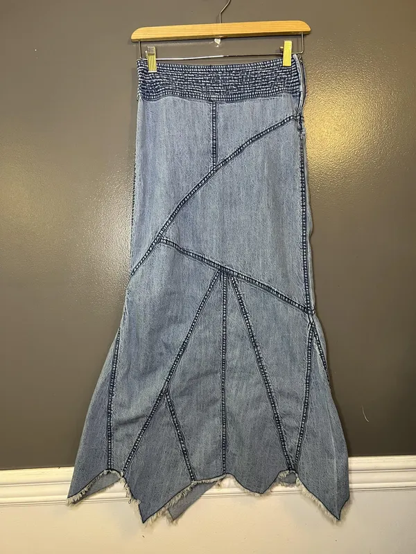 Urban Outfitters Skirt Womens XS Blue Denim Trumpet Long Asym Hem Boho Frayed - Image 2