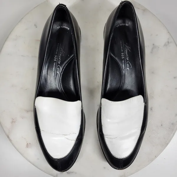 VTG Kenneth Cole Hudson Loafers 7 Black White Two Tone Leather Slip On Flats - Image 3