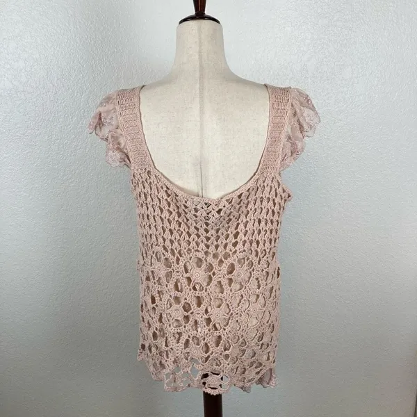 Baby pink BoHo fairycore‎ coquette crochet floral lace tank sweater women’s L￼ - Image 6