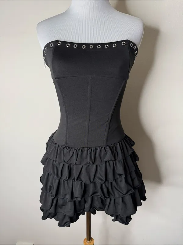 Outcast Black Ruffle Strapless Corset Lace Up Mini Dress - Image 2