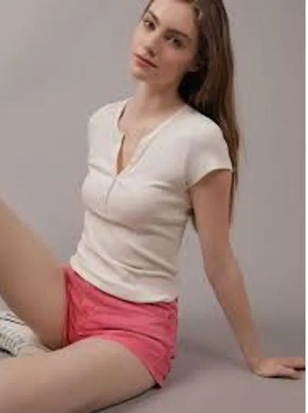 AMERICAN EAGLE Hey Baby Cropped Henley Tee Size Medium M Green - Image 4
