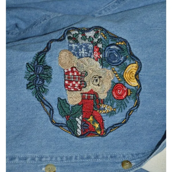 Vintage Quizz Again Cotton Denim Button Up Shirt Size M Embroidered Christmas - Image 4