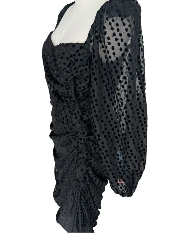 ASTR The Label x Revolve - Athens Black Velvet Polka Dot Ruched Midi Dress Sz M - Image 5