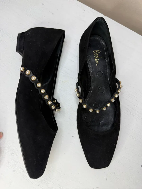 Boden Black Mary Jane Ballet Flats Pearl Strap Suede Size 37 Academia Office - Image 13
