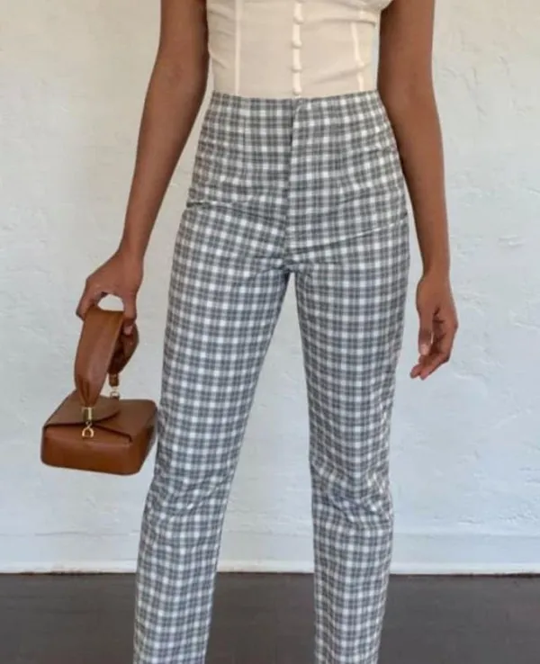 Reformation Franklin Pant Light Blue Check Plaid Print NWT Size 6 - Image 5