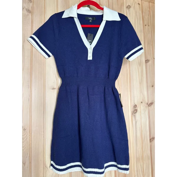 NWT Lulus Calculated Charm Navy and White Collared Mini Sweater Dress Size M - Image 2