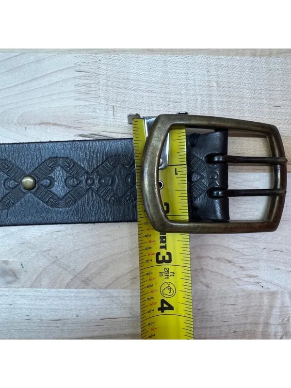Linea Pelle Brown Leather Belt Solid Brass Buckle Studded Embossed Size Small - Image 8