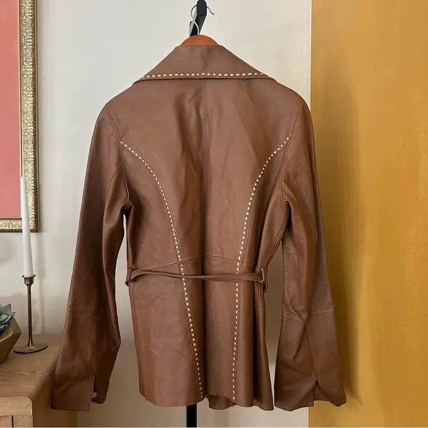 Vintage G Collection Genuine Leather Moto‎ Jacket Contrast Stitch Belt Camel Tan - Image 5