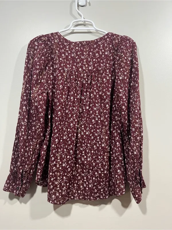 LOFT Maroon Floral Tie-Neck Peasant Blouse Medium - Image 5