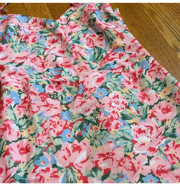 LPA From Revolve Floral Mini Dress XS Pink Green Ruffle Hem - Image 3