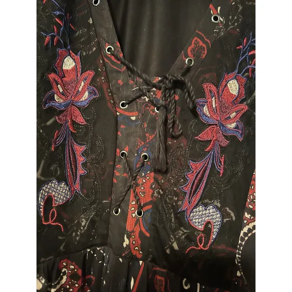 REBA | Black Paisley Print Midi Dress Sheer Sleeves Metallic Detail | Size L - Image 2