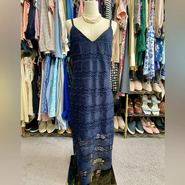 Betsey Johnson Navy Blue Lace Midi Dress - Sheer Scalloped Hem Size 6 - Image 3