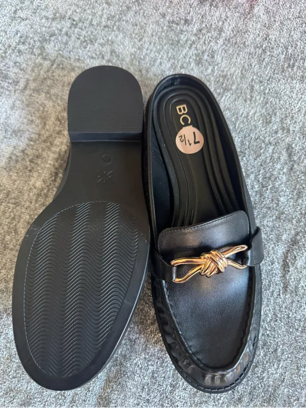 BCBG Black Leather Mules with Gold Knot Detail - Image 5