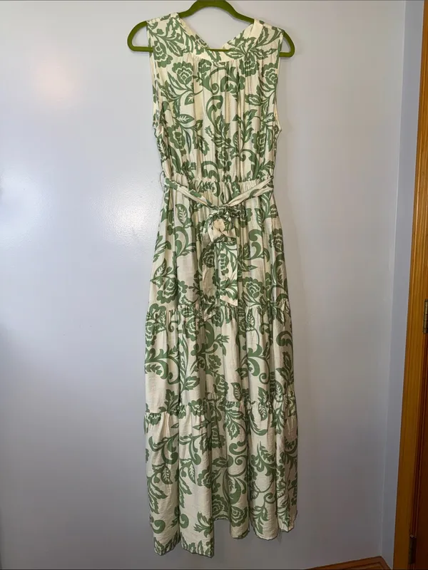 Sleeveless Cream Maxi Dress with Green Floral Print and Waist Tie - Image 2