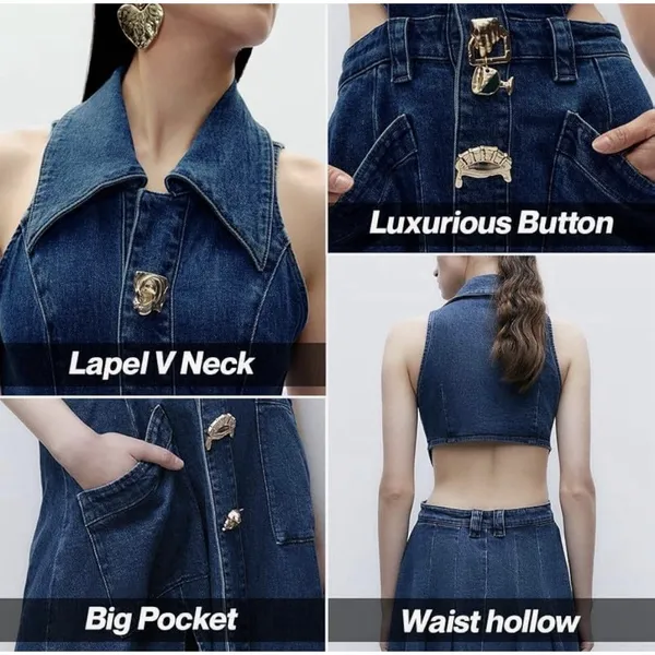 URBAN REVIVO Women's Cutout Sleeveless Lapel Denim Maxi Dress Size US‎ 6 Buttons - Image 2