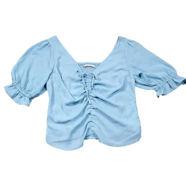 Abercrombie Cinch Front Puff Sleeve Cropped Top Light Blue Size Small Peasant - Image 2