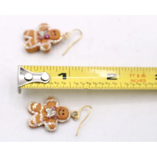 Gingerbread Dangle Earrings Glitter Accents Bows Gold Tone French Hook Pierced - Image 4