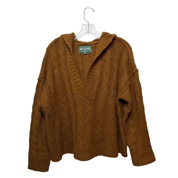 American Eagle Brown Hooded Cable Knit V Neck Sweater Cottagecore Size Small - Image 2
