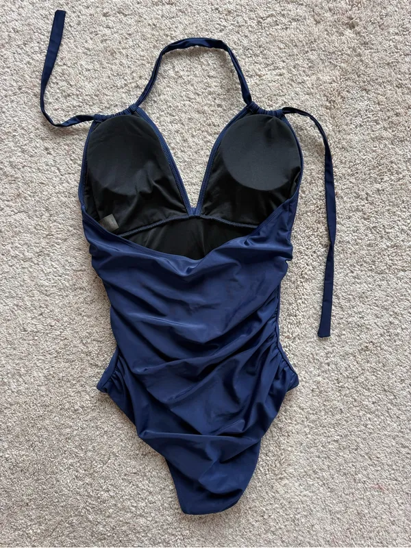 Women's Navy Blue Halter One-Piece Swimsuit Size Large Fully Lined Excellent - Image 3