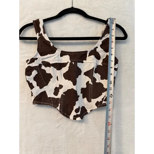 Lone Star Cow Print Corset Top Womens Small Brown White Denim Smocked Crop Tank - Image 5