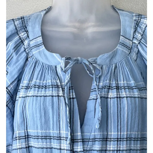 LOFT Peasant Top Size Medium Blue Plaid Crinkle Country Boho Cowgirl Western - Image 3