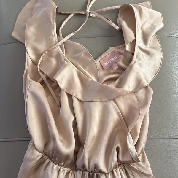 Show Me Your Mumu Samantha Ruffle Wrap Satin Midi Dress Champagne Small‎ - Image 9
