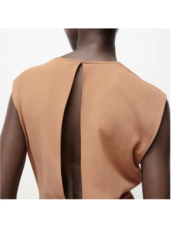 Zara Sleeveless V-Neck Jumpsuit with Side Knot in Camel Brown - Image 5