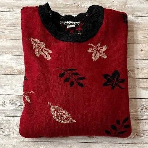 Vtg 90s Sweater‎ Womens Small Red Leaves Scalloped Hem USA Grandmacore Cabincore - Image 14