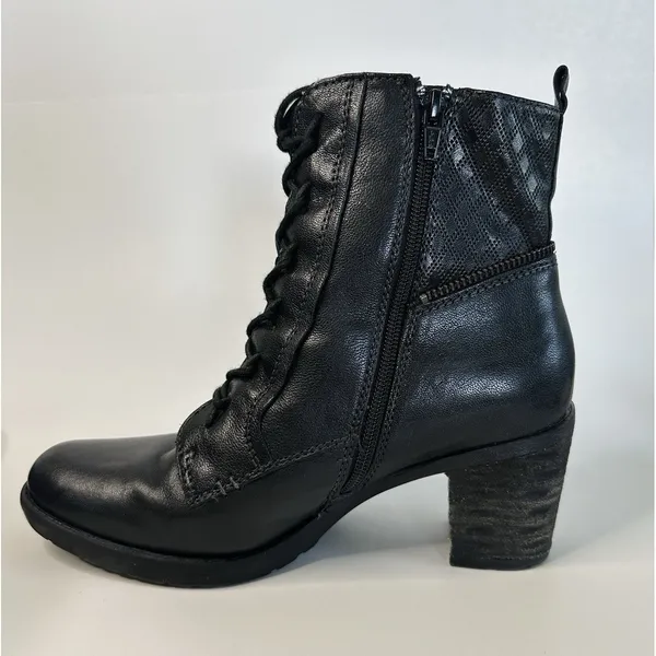 Earth Missoula Black Leather Lace Up‎ Ankle Boots Size 9 B Side Zip Stacked Heel - Image 7