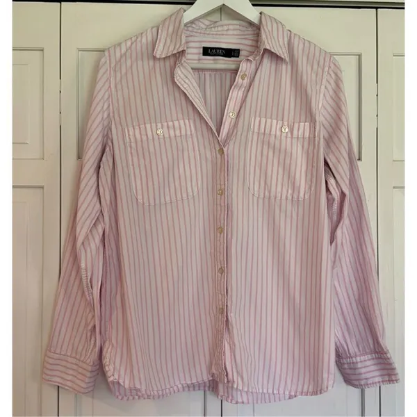 Lauren Ralph Lauren pink striped pocket front button down large - Image 3